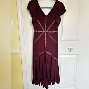 Taylor Burgundy Blush Ruffle Sleeve High Low Knit Midi Dress Lines NWOT